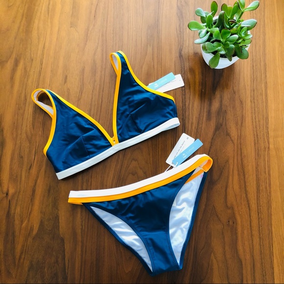 Cupshe Navy Mustard White Bikini Set